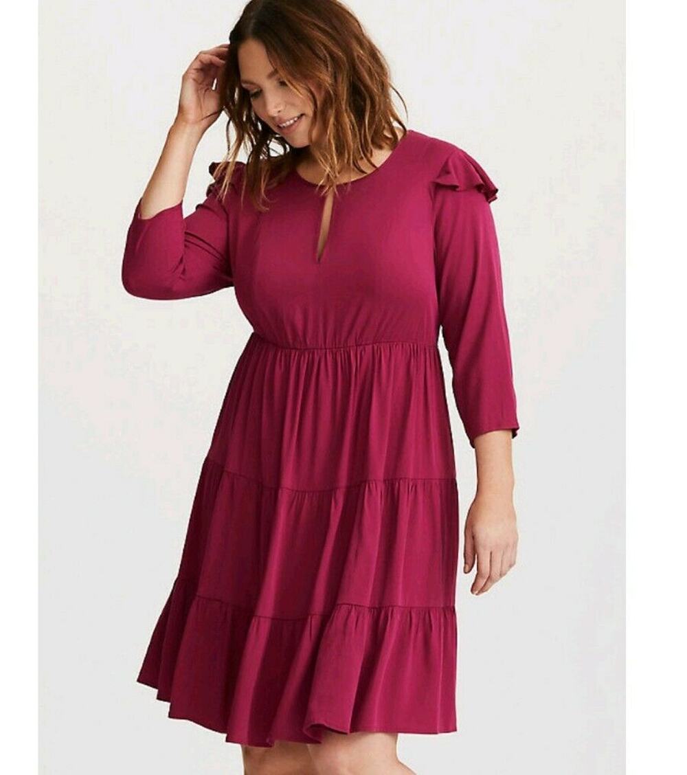 TORRID WINE CHALLIS TIERED SKATER DRESS SZ 1 1X